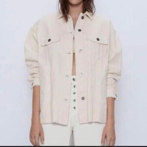 ZARA Oversized Corduroy Jacket Cream Chore Jacket Frayed Hem Size Small
